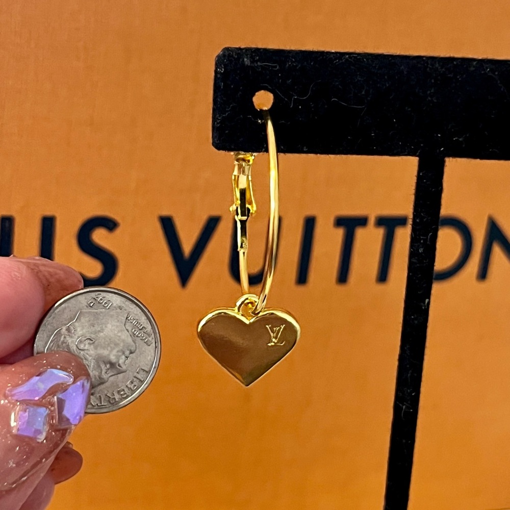 Upcycled Gold LV Louis Vuitton Stamped Charm Hoop Earrings - Picture 6 of 13
